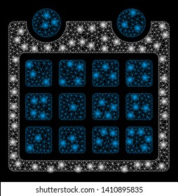 Bright mesh calendar with glow effect. Abstract illuminated model of calendar icon. Shiny wire frame polygonal mesh calendar abstraction in vector format on a black background.