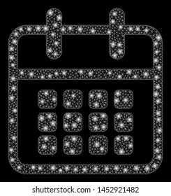 Bright mesh calendar with glow effect. Abstract illuminated model of calendar icon. Shiny wire carcass triangular mesh calendar abstraction in vector format on a black background.