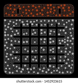 Bright mesh calendar with glow effect. Abstract illuminated model of calendar icon. Shiny wire carcass polygonal mesh calendar abstraction in vector format on a black background.