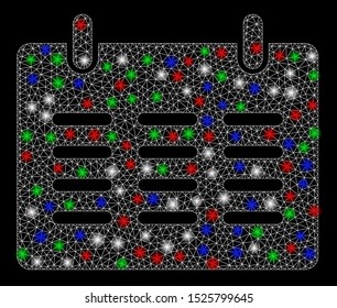 Bright mesh calendar with glow effect. White wire frame triangular mesh in vector format on a black background. Abstract 2d mesh created from triangular lines, dots, colored flash spots.