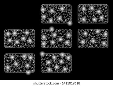 Bright mesh calendar grid with glow effect. Abstract illuminated model of calendar grid icon. Shiny wire carcass triangular mesh calendar grid abstraction in vector format on a black background.
