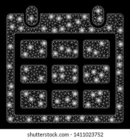 Bright mesh calendar with lightspot effect. Abstract illuminated model of calendar icon. Shiny wire frame polygonal mesh calendar abstraction in vector format on a black background.