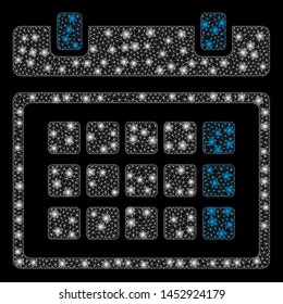 Bright mesh calendar with lightspot effect. Abstract illuminated model of calendar icon. Shiny wire carcass triangular mesh calendar abstraction in vector format on a black background.