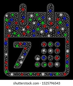 Bright mesh calendar with lightspot effect. White wire frame polygonal mesh in vector format on a black background. Abstract 2d mesh designed with triangles, spheric points, colorful glare spots.
