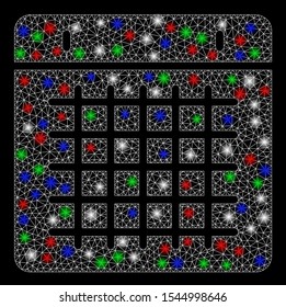 Bright mesh calendar with lightspot effect. White wire carcass polygonal network in vector format on a black background. Abstract 2d mesh designed with polygonal grid, dots, colored light spots.