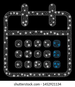 Bright mesh calendar month with glare effect. Abstract illuminated model of calendar month icon. Shiny wire carcass polygonal mesh calendar month abstraction in vector format on a black background.