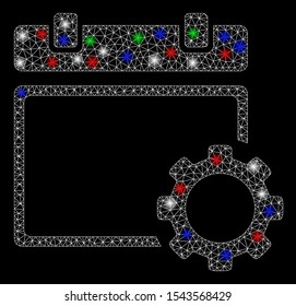 Bright mesh calendar page options gear with glare effect. White wire carcass triangular mesh in vector format on a black background. Abstract 2d mesh designed with triangular lines, points,