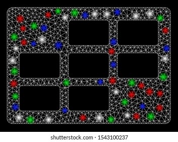 Bright mesh calendar table with lightspot effect. White wire frame polygonal mesh in vector format on a black background. Abstract 2d mesh designed with polygonal grid, points, colored flash spots.