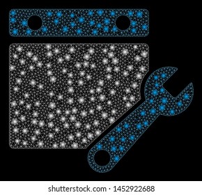 Bright mesh calendar tuning with glow effect. Abstract illuminated model of calendar tuning icon. Shiny wire carcass triangular mesh calendar tuning abstraction in vector format on a black background.