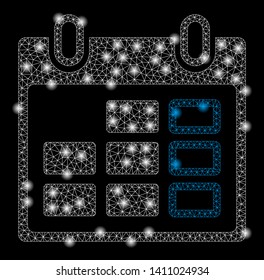 Bright mesh calendar week with glare effect. Abstract illuminated model of calendar week icon. Shiny wire frame triangular mesh calendar week abstraction in vector format on a black background.