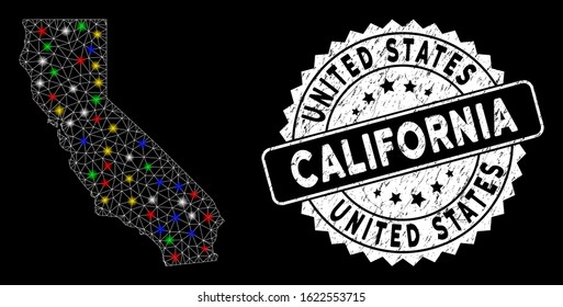 Bright mesh California map with glare effect, and rubber print. Wire carcass polygonal California map mesh in vector format on a black background. White round stamp with scratched texture.
