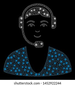 Bright mesh call center guy with lightspot effect. Abstract illuminated model of call center guy icon.