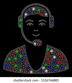Bright mesh call center guy with glare effect. White wire frame triangular mesh in vector format on a black background. Abstract 2d mesh built from triangular lines, small circle,