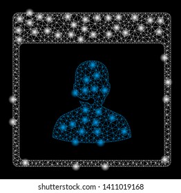 Bright mesh call center manager calendar page with lightspot effect. Abstract illuminated model of call center manager calendar page icon.