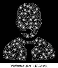 Bright mesh call center manager with glare effect. Abstract illuminated model of call center manager icon.