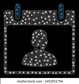 Bright mesh call center manager calendar day with glow effect. Abstract illuminated model of call center manager calendar day icon.