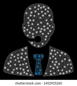 Bright mesh call center manager with lightspot effect. Abstract illuminated model of call center manager icon.