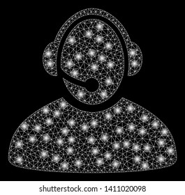 Bright mesh call center operator with lightspot effect. Abstract illuminated model of call center operator icon.