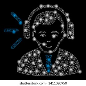 Bright mesh call center operator with glow effect. Abstract illuminated model of call center operator icon.