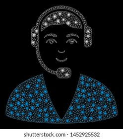 Bright mesh call center operator with glow effect. Abstract illuminated model of call center operator icon.