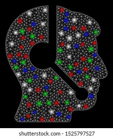 Bright mesh call center operator with glare effect. White wire frame polygonal mesh in vector format on a black background. Abstract 2d mesh designed with polygonal grid, round dots,