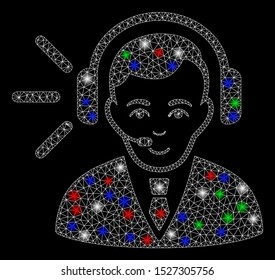 Bright mesh call center operator with glow effect. White wire carcass triangular network in vector format on a black background. Abstract 2d mesh designed with triangular lines, round dots,