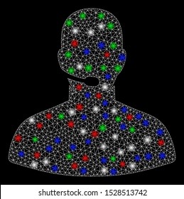 Bright mesh call center operator with glow effect. White wire carcass triangular mesh in vector format on a black background. Abstract 2d mesh designed with triangular lines, round dots,