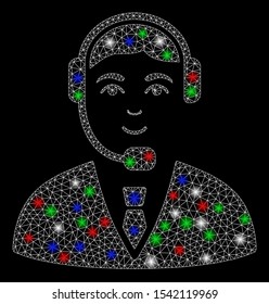 Bright mesh call center operator with glare effect. White wire frame triangular mesh in vector format on a black background. Abstract 2d mesh designed with triangular lines, round dots,