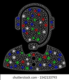 Bright mesh call center operator with glare effect. White wire frame triangular mesh in vector format on a black background. Abstract 2d mesh designed with triangular lines, spheric points,