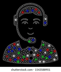 Bright mesh call center operator with glare effect. White wire frame polygonal mesh in vector format on a black background. Abstract 2d mesh built from polygonal grid, small circle,
