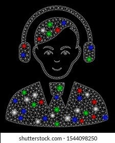 Bright mesh call center operator with glow effect. White wire frame polygonal mesh in vector format on a black background. Abstract 2d mesh designed with polygonal grid, small circle,