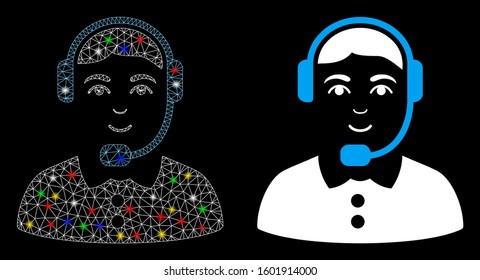 Bright mesh call center operator icon with glitter effect. Abstract illuminated model of call center operator. Shiny wire frame polygonal mesh call center operator icon.