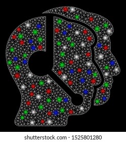 Bright mesh call center operators with glare effect. White wire frame polygonal mesh in vector format on a black background. Abstract 2d mesh created from triangles, spheric points,
