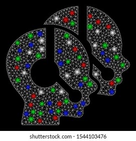 Bright mesh call center operators with glow effect. White wire frame triangular mesh in vector format on a black background. Abstract 2d mesh designed with triangles, points, colored flare spots.