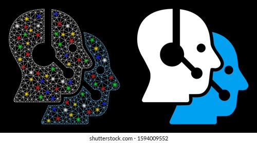 Bright mesh call center operators icon with sparkle effect. Abstract illuminated model of call center operators. Shiny wire frame polygonal mesh call center operators icon.