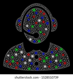 Bright mesh call center woman with glare effect. White wire frame triangular mesh in vector format on a black background. Abstract 2d mesh designed with triangles, small circle, colorful flash spots.