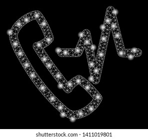 Bright mesh call with glow effect. Abstract illuminated model of call icon. Shiny wire carcass triangular mesh call abstraction in vector format on a black background.