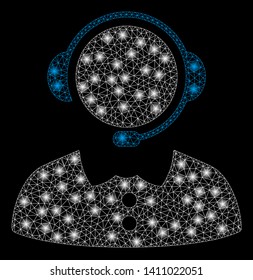 Bright mesh call operator with glow effect. Abstract illuminated model of call operator icon. Shiny wire frame polygonal mesh call operator abstraction in vector format on a black background.