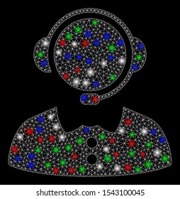 Bright mesh call operator with lightspot effect. White wire frame triangular mesh in vector format on a black background. Abstract 2d mesh designed with triangular lines, dots, colorful glare spots.