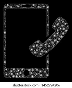 Bright mesh call smartphone with lightspot effect. Abstract illuminated model of call smartphone icon.
