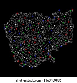Bright mesh Cambodia map with glare effect. Wire frame triangular mesh in vector format on a black background. Abstract 2d mesh built from triangular lines, dots, colorful glare spots.
