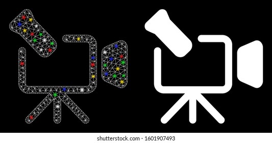 Bright Mesh Camcorder Icon With Lightspot Effect. Abstract Illuminated Model Of Camcorder. Shiny Wire Carcass Polygonal Mesh Camcorder Icon. Vector Abstraction On A Black Background.