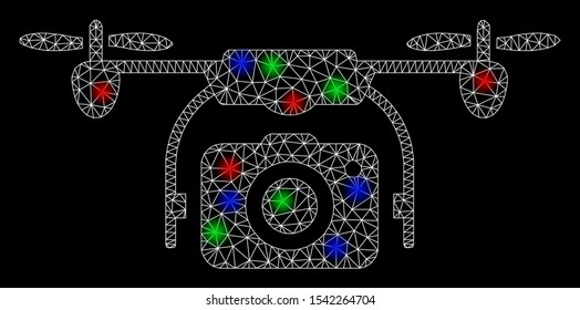 Bright mesh camera drone with glare effect. White wire carcass triangular mesh in vector format on a black background. Abstract 2d mesh designed with triangular lines, round dots, colored light spots.
