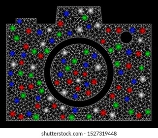 Bright mesh camera with lightspot effect. White wire carcass triangular mesh in vector format on a black background. Abstract 2d mesh designed with triangular lines, small circle,
