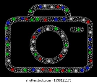 Bright mesh camera with lightspot effect. White wire frame triangular mesh in vector format on a black background. Abstract 2d mesh designed with polygonal grid, small circle, colorful flare spots.