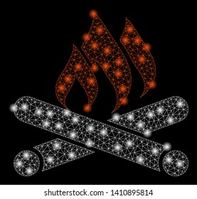 Bright mesh campfire with glow effect. Abstract illuminated model of campfire icon. Shiny wire frame polygonal mesh campfire abstraction in vector format on a black background.