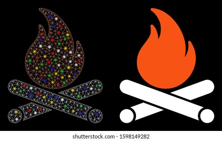 Bright mesh campfire icon with glow effect. Abstract illuminated model of campfire. Shiny wire frame triangular mesh campfire icon. Vector abstraction on a black background.
