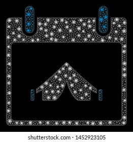Bright mesh camping calendar day with glare effect. Abstract illuminated model of camping calendar day icon.