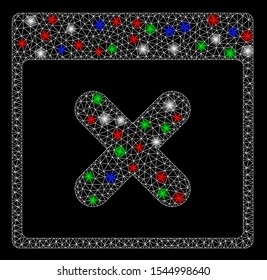 Bright mesh cancel calendar page with lightspot effect. White wire frame polygonal mesh in vector format on a black background. Abstract 2d mesh designed with polygonal grid, dots,