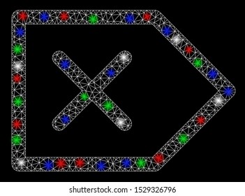 Bright mesh Cancel with glare effect. White wire carcass triangular mesh in vector format on a black background. Abstract 2d mesh created from triangular lines, round dots, colorful glare spots.